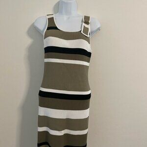 MICHAEL Michael Kors Tank Dress Buckle Accent Tan/black/white stripe knit MED
